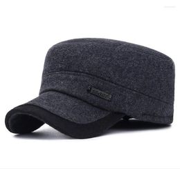 Autumn Winter Thick Flat Top Hats For Men Military Cap With Ear Flaps Army Sailor Captain Caps Dad Hat Wide Brim Delm222629548
