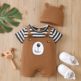 Rompers born Baby Boy Clothes Infant Cute Bears Romper Retro Short Sleeves Print Bodysuit 2Pcs Toddler Jumpsuit Summer Plays 231208