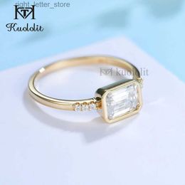 With Side Stones Kuololit Emerald Cut Moissanite Solid 14K 10K Yellow Gold Ring for Women Bezel Set 1CT Solitaire Jewellery for Wedding Engagement YQ231209