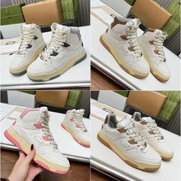 Men Women High top Distressed Effect Sneakers Interlocking G laces Sneakers leather fashion basketball inspired silhouette White perforated fabric Sports Shoes