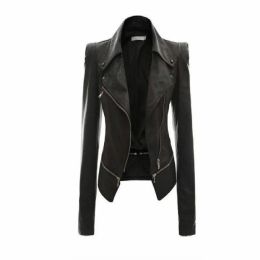 QNPQYX Women Leather Jacket Rivet Zipper Motorcycle Jacket Turn Down Collar chaquetas mujer Argyle pattern Leather Jacket S-3XL