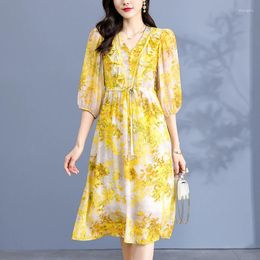 Casual Dresses Summer Vintage For Women Elegant V-neck Three Quarter Sleeve High Waist Floral Print Real Silk Women's Long Dress