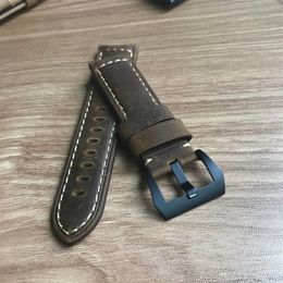 Vintage ocysa dark brown black Crazy horse genuine leather belt watch strap 24mm 26mm for pam watches237D