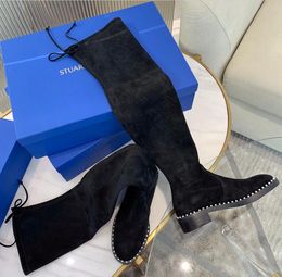 Newest Spain Fashion brand Cline boots Womens Midland Classic Elastic Over Knee Boots Ankle Ladies Square Heels Shoes Black Lace Up Cow Leather Boots Size 35-40 box