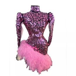 Party Decoration Stage Costume For Singer Women Pink Mirror Long Sleeve Dress Backless Tight Lace Sexy Prom Birthday Dresses Club 266n