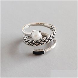 Charms New Sier Spiral Natural Freshwater Pearl Rings Anillos For Women 925 Sterling Three Layer Twist Knitting Finger Ring Bijoux Dro Dhr4M