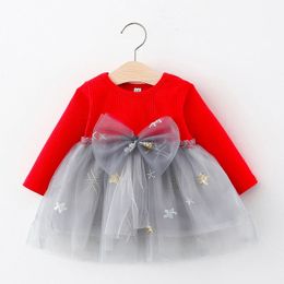 Girls Dresses Autumn and Winter Long sleeved Big Bow Dress Childrens Round Neck Knitted Spliced Sequin Mesh Fluffy Skirt 231208