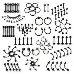 Other Fashion Accessories 95pcs Mix Body Piercing Jewellery Lot Stainless Steel Nose Ear Belly Lip Tongue Ring Captive Bead Eyebrow Bar 231208