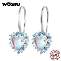 Hoop Huggie WOSTU 925 Sterling Silve Heart-shaped Moonstone Ear Clips with Blue White zircons Pendant Ear Hoop for Women Fine Jewelry Gift 231208
