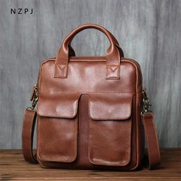 Briefcases NZPJ Retro Leather Men's Handbag Top Layer Cowhide Vertical Single Shoulder Messenger Bag Postman Briefcase Computer 231208
