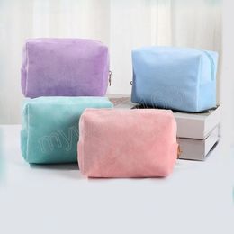 Candy Colour Plush Cosmetic Bag Zipper Fashion Makeup Storage Square Bag Solid Colour Daily Storage Women Travel Wash Hand Bags