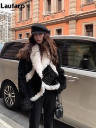 Women's Fur Faux Fur Lautaro Autumn Winter Short Soft Thick Warm Hairy White and Black Colour Block Faux Fur Coat Women Luxury Chic Fluffy Jacket 231208