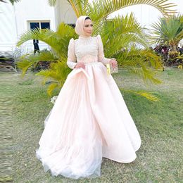 Pink Rhinestone Muslim Prom Dresses Pick-ups A Line Formal Party Gown High Collar Long Sleeve Sequin Kafan Evening Wears