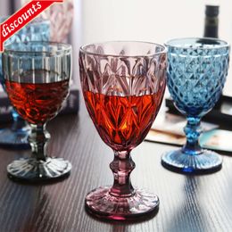 Upgrade 300ml Wine Glasses Coloured Glass Goblet with Stem 10oz Vintage Pattern Embossed Romantic Drinkware for Party Wedding