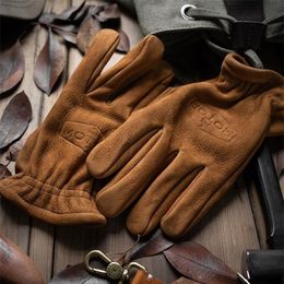 Mittens Men's Frosted Genuine Leather Gloves Men Motorcycle Riding Full Finger Winter Gloves With Fur Vintage Brown Cowhide L240t