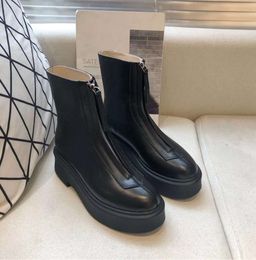 The Row Smooth Leather Ankle Chelsea Boots Platform Zipper Slip-on Round Toe Block Heels Flat Wedges Booties Chunky Boot Women6618
