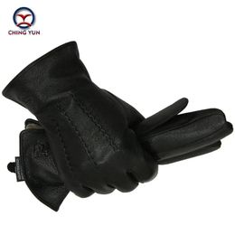 Five Fingers Gloves Winter men deer skin leather gloves male warm soft black sewing design men mittens imitate rabbit hair 70% wool lining-07 231208