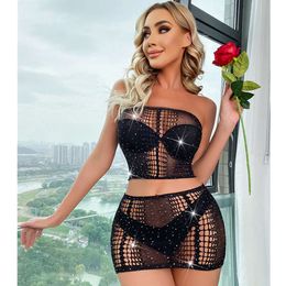 Women Rhinestone Party Club Outfits Sexy Mesh Hollow Out See Through Mini Dresses Erotic Fishnet Transparent Bodycon Dress sexy