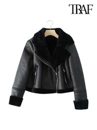 Women's Down Parkas TRAF Women Fashion Thick Warm Winter Fur Faux Leather Cropped Jacket Coat Vintage Long Sleeve Female Outerwear Chic Tops 231208