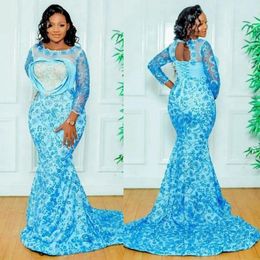 Blue Elegant Evening Dresses Long Sleeves Lace Mermaid Appliqued Gorgeous Prom Dress Second Reception Gowns Birthday Party Pageant African Plus Size Gown ST609