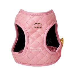 Designer Dog Harness Leash Set, No-Pull Step-in Leather Pet Harness with Classic Letter Pattern, Adjustable Soft Padded Easy Walk Dog Vest for Small Dogs Pink XS B202