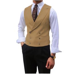 Men Vest Brown Solid Peaked Lapel Double Breasted Sleeveless Jacket Wedding Banquet Business Casual Slim