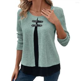Women's Blouses Women Top Knitted Two-piece Blouse With Buckle Decor Soft Colour Matching Long Sleeve Round Neck Fall Spring Lady