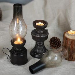 Candle Holders Creative Resin Crafts Nostalgic Kerosene Lamp Candle Holder Decoration Vintage Glass Cover Lantern Candlesticks Home Decor Gifts 231208
