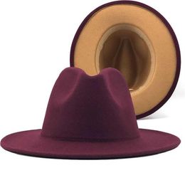 Wide Brim Hats Wine Drop Outer Red Inner Camel Wool Felt Jazz Fedora With Thin Belt Buckle Men Women Panama Trilby Cap 56-60CM3124