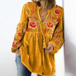 Women's Blouses Floral Print Shirt Bohemian Style Top V-neck Drawstring Blouse For Women Retro Long Sleeve Soft Fall Spring