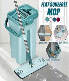 1Set Flat Squeeze Mop and Bucket Hand Wringing Floor Cleaning Mop 360 Roatation Automatic Spin Mop Pads Wet Dry Usage LJ2015146960