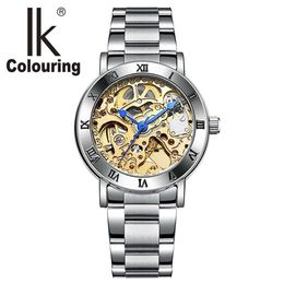 IK Colouring Women Mechanical Watch Roman Lettering Bezel Gold Clouds Engraving Skeleton Automatic Self Wind Ladies Wrist watch LJ261w