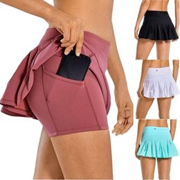 LL007 Tennis Mini Skirts for Pleated Yoga Shorts Gym Clothes Women Running Fitness Golf Pants Sports Back Waist Pocket Zipper S-6XL