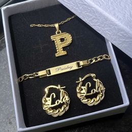 Pendant Necklaces DUOYING Custom Name Jewellery Set Personalised Mini Baby Girls Hoop Earring Name Bracelet 18K Gold For Child Jewellery Gift 231208