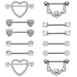 Other Fashion Accessories 12 Pieces Stainless Steel Acrylic Crystal Nipple Rings Tongue Ring CZ Barbell HeartShape Piercing Body Jewellery Woman 231208