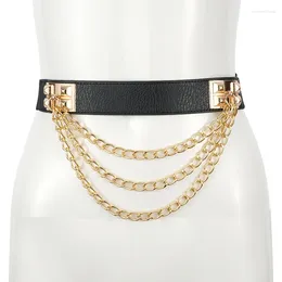 Belts Multilayer Gold Metal Chains Women Belt Black PU Leather Elastic Wide Waist Straps Punk Rivet Suit Decor Dress Waistbands