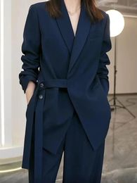 Women's Two Piece Pant Suits Office Sets Pockets Coat Wide Leg Pants Autumn Wear Fashion Elegance Lady Blazer ZL24 231208