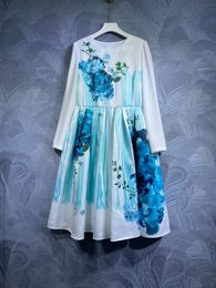 2024 Spring Floral Print Dress Blue Long Sleeve Round Neck Knee-Length Casual Dresses T3N241208