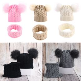0-3 years baby kids Factory Beanie Hat fur pom pom Thick Warm Winter Knitted Hat Scarf Set DF331