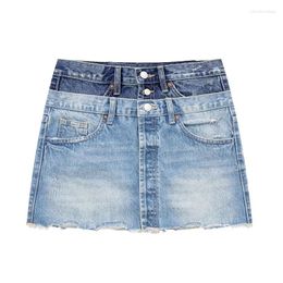 Skirts YENKYE 2023 Women Patchwork Double Waistband Denim Mini Skirt Vintage High Waist Pockets Unfinished Hem Female Summer