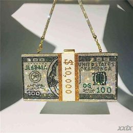 Money Clutch Rhinestone Purse 10000 Dollars Stack of Cash Evening Handbags Shoulder Wedding Dinner Bag 8 Color G220426226c