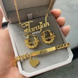 Pendant Necklaces Customised Jewellery Sets Name Children's Set Personalised Letter Necklace Name Bangles Stainless Steel Mini Earring For Kids Gift 231208