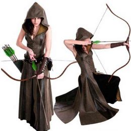 Mediaeval Cosplay Fashion Women Anime Viking Renaissance Hooded Archer Come Leather Long Dress Sleeveless Masquerade 2022 New T2208251P