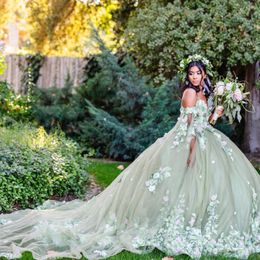 Sage Green 3D Flowers Floral Appliques Lace With Cape Quinceanera Dresses Ball Gown Off The Shoulder Corset Vestidos De 15 XV Anos