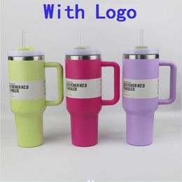 wholesale 40oz H2.0 Tumblers Cup With Handle Insulated Stainless Steel Tumbler Lids Straw Car Travel Mugs Coffee Tumbler Termos 40 oz Cups ready to ship Water Bottles