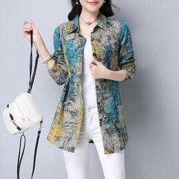 Women's Blouses Spring And Autumn Cardigan Polo Neck Long Sleeve Contrast Printed Button Pocket Natural Scene Fashion Casual Shirt Tops