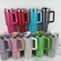Water Bottles 40 oz Diamond Tumbler With Handle Insulated Mug With Straw Lids Stainless Steel Coffee Termos Cup In-Car Vacuum Flasks Bottle 231208