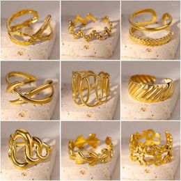 Cluster Rings 316L Stainless Steel Gold Color Plant Leaves Ring For Women Men Design Adjustable Finger Jewelry Gifts Drop