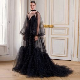 Black Spaghetti Strap Evening Dresses with Cape Beaded Formal Gown with Fluffy Sleeves Long Train for Women Robe