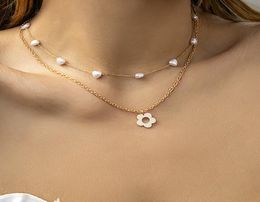 Designer de jóias sexy colar mulher temperamento simples flor dupla camada clavícula corrente imitação criativa pérola doce cool9251643
